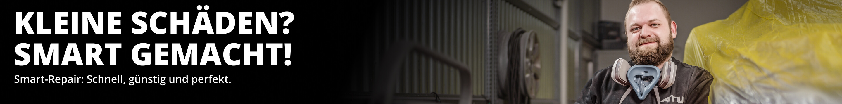 Foto eines Lackierers mit Text-Überlagerung: Kleine Schäden? Smart gemacht!