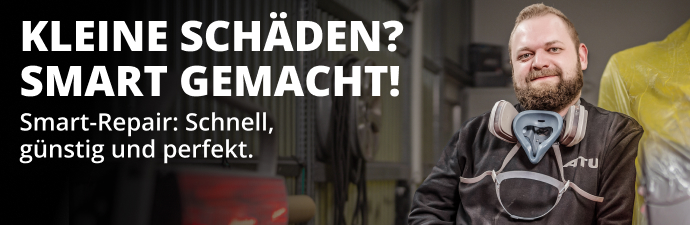Foto eines Lackierers mit Text-Überlagerung: Kleine Schäden? Smart gemacht!